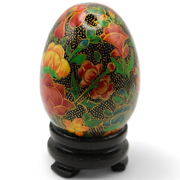 Handmade Floral Papier-Mâché Decorative Egg With Stand From Kashmir India - Picture 2 of 7